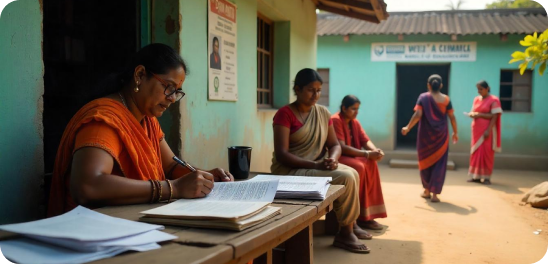 Women volunteers explaining about the top health membership program in East Godavari to Konaseema Women