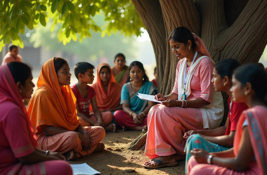 A woman sitting under a tree, surrounded by several women, promoting a top health membership program in East Godavari