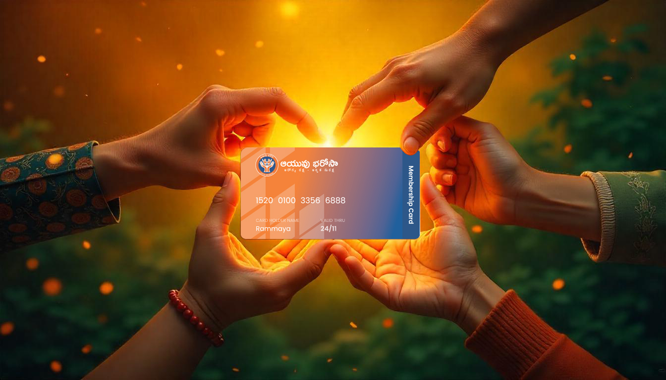 A diverse group of hands collectively holding the best health membership card from East Godavari, symbolizing community support